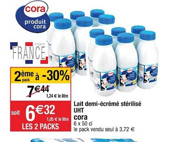 lait demi-écrémé stérilisé uht cora 2ème pack à -30%