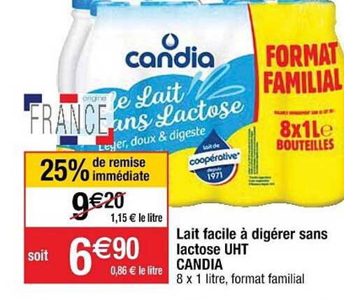 lait facile à digérer sans lactose uht candia 25% de remise immédiate
