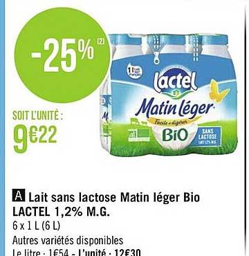 lait sans lactose matin léger bio lactel 1,2% m.g.