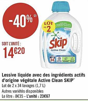 lessive liquide avec des ingrédients actifs d'origine végétale active clean skip