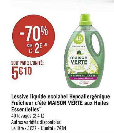 lessive liquide écolabel hypoallergénique fraîcheur d'été maison verte aux huiles essentielles