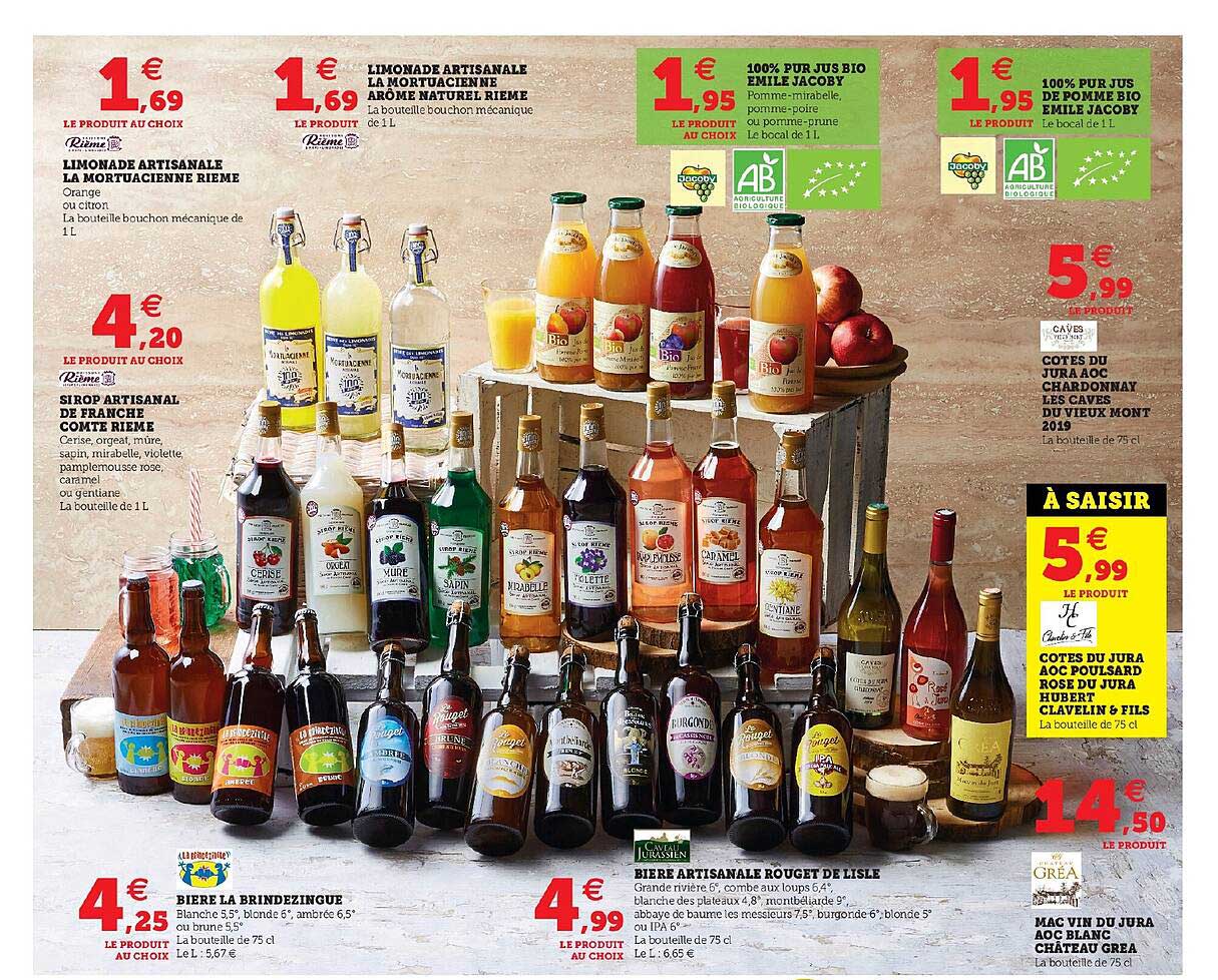 limonade artisanale la mortuacienne rieme, sirop artisanal de franche comté rieme, bière la brindezingue, 100% pur jus bio emile jacobt, bière artisanale rouget de lisle, 100% pur jus de pomme bio