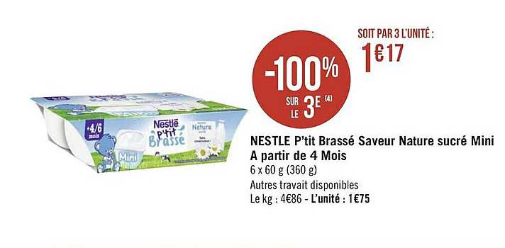 nestlé p'tit brassé saveur nature sucré mini à partir de 4 mois