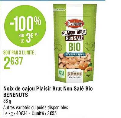 noix de cajou plaisir brut non salé bio bénénuts