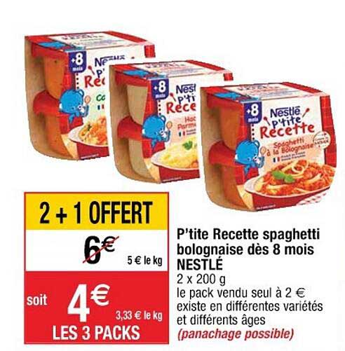 p'tite recette spaghetti bolognaise dès 8 mois nestlé 2+1 offert