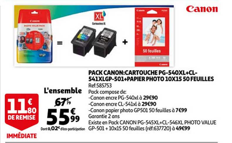 Pack Canon:cartouches Pg-540xl+cl-541xlgp-501+papier Photo 10x15 50 Feuilles