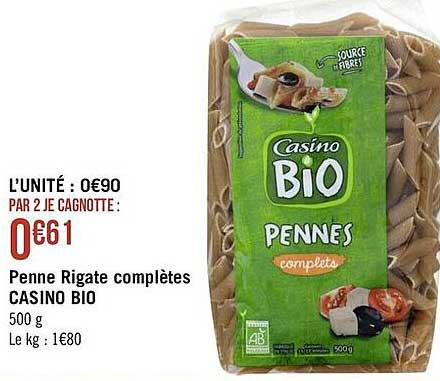penne rigate complètes casino bio