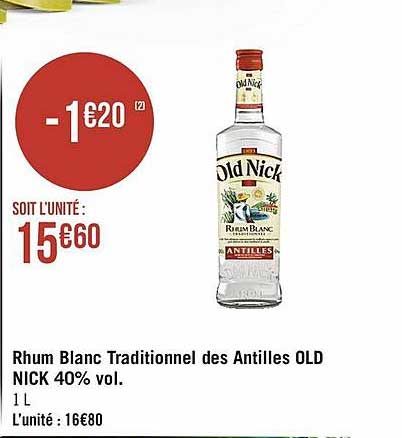 rhum blanc traditionnel des antilles old nick 40% vol.