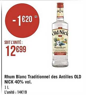 rhum blanc traditionnel des antilles old nick 40% vol.