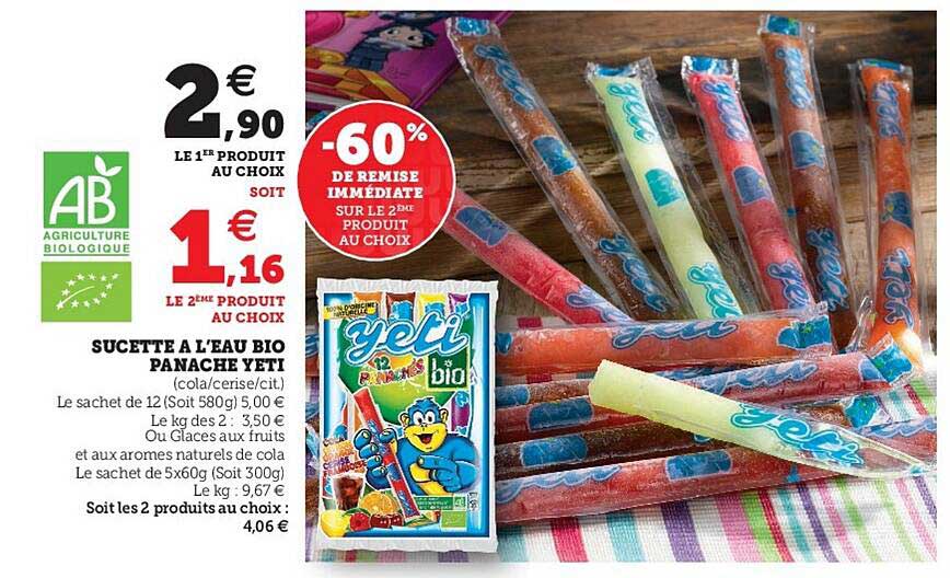 sucette à l'eau bio panache yeti -60% de remise immédiate sur le 2ème produit au choix