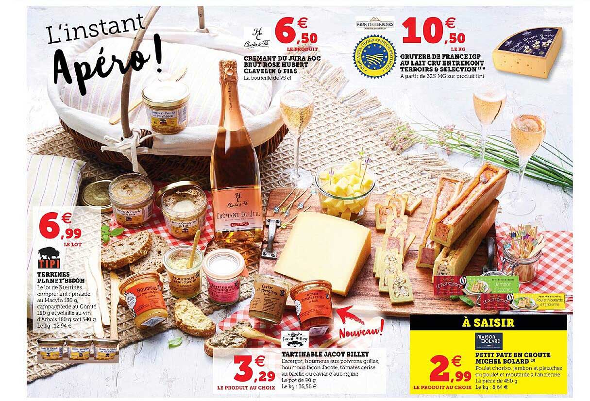 terrines planet bison, tartinable jacot billet, crémant du jura aoc brut rose hubert clavelin & fils, gruyère france igp au lait cru entremont terroirs & selection, petit pâté en croute michel bolard