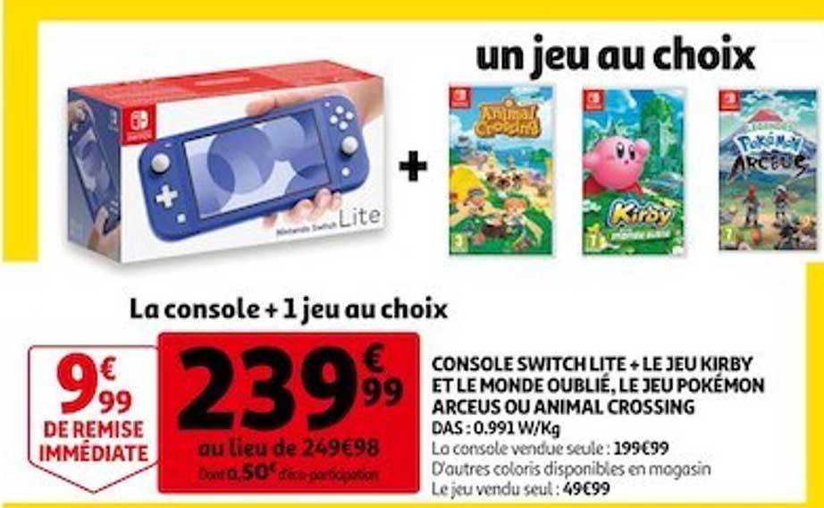 console switch lite + le jeu kirby et le monde oublié, le jeu pokémon arceus ou animal crossing
