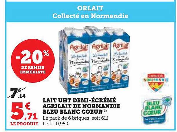 lait uht demi-écrémé agrilait de normandie bleu blanc cœur