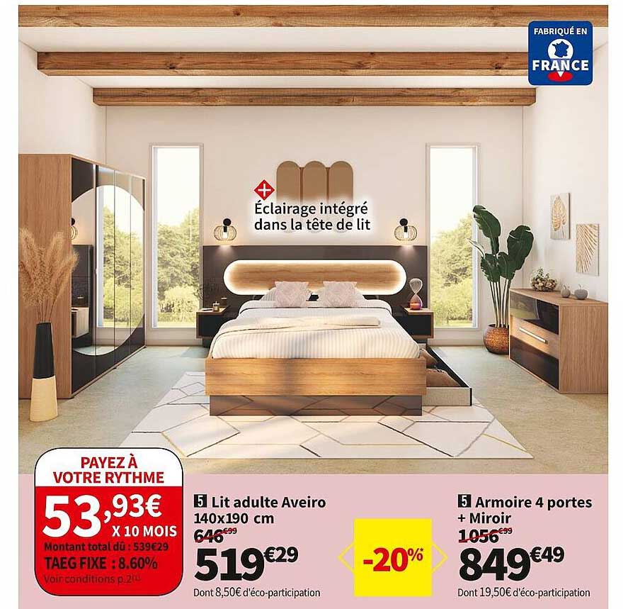 Lit Adulte Aveiro 140 X 190 Cm, Armoire 4 Portes + Miroir