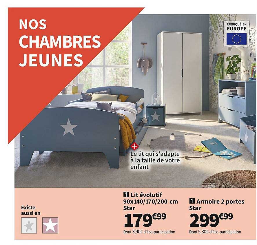 lit évolutif 90 x 140/170/200 cm star, armoire 2 portes star