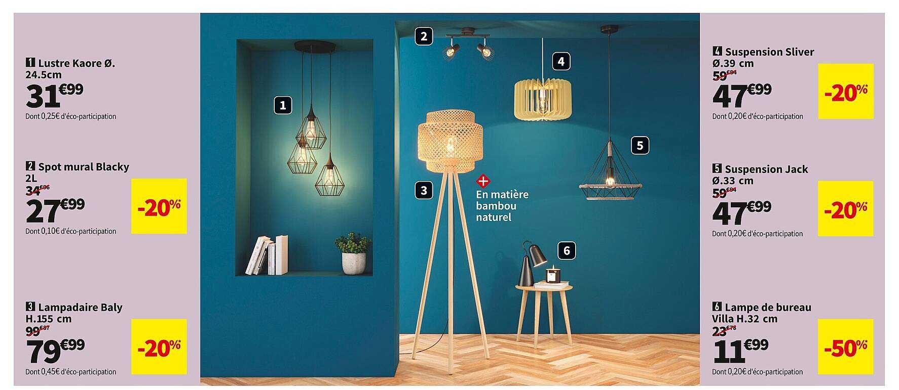 lustre kaore ø 24.5 cm, spot mural blacky 2 l, lampadaire baly h. 155 cm