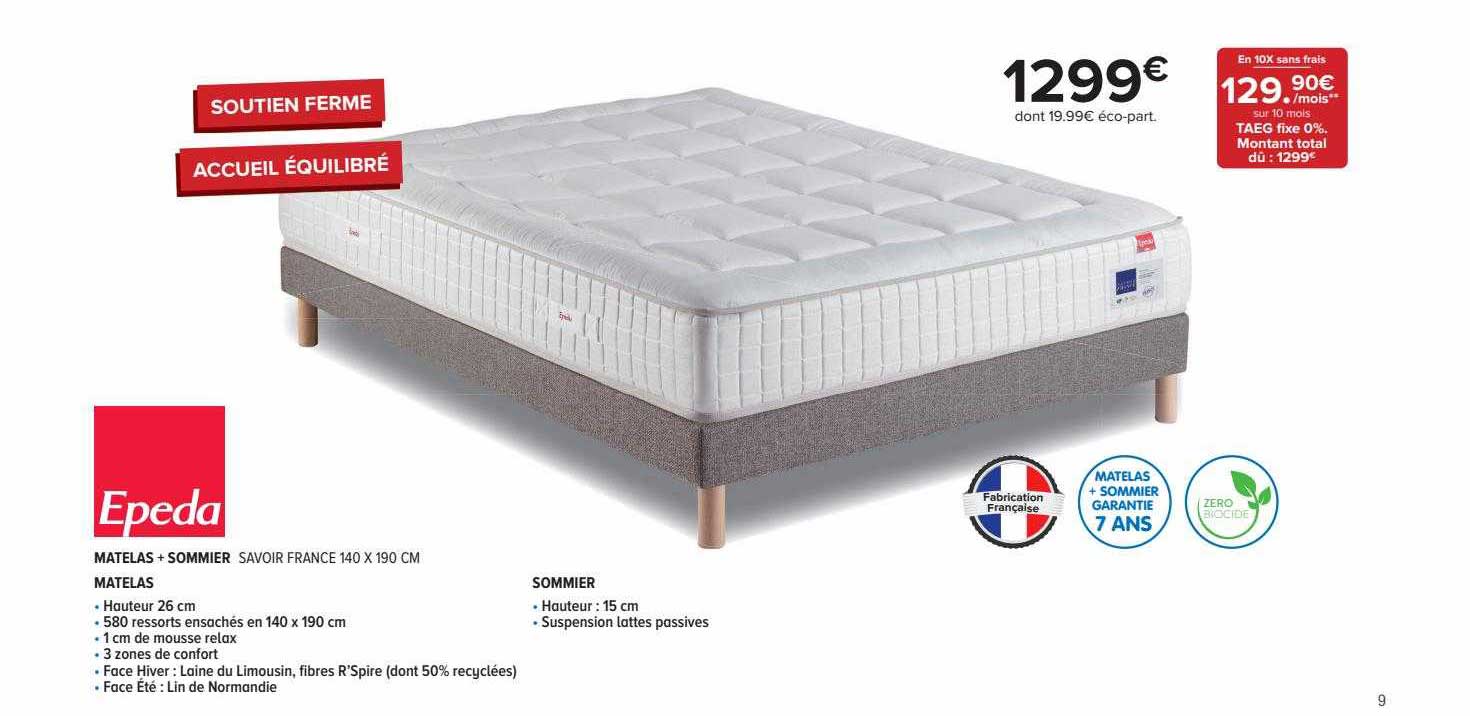matelas + sommier savoir france 140 x 190 cm epeda