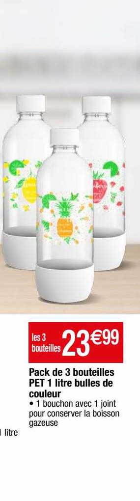 pack de 3 bouteilles pet 1 litre bulles de couleur