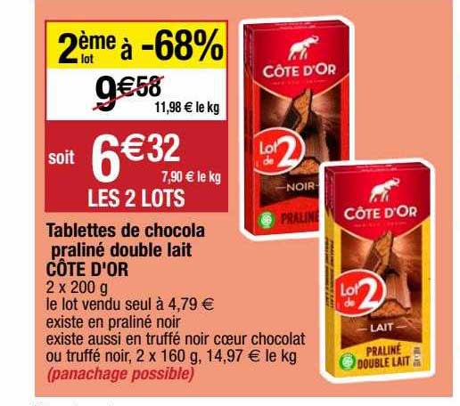 tablettes de chocola praliné double lait côte d'or