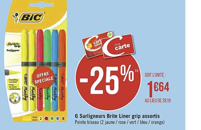 6 surligneurs brite liner grip assortis bic