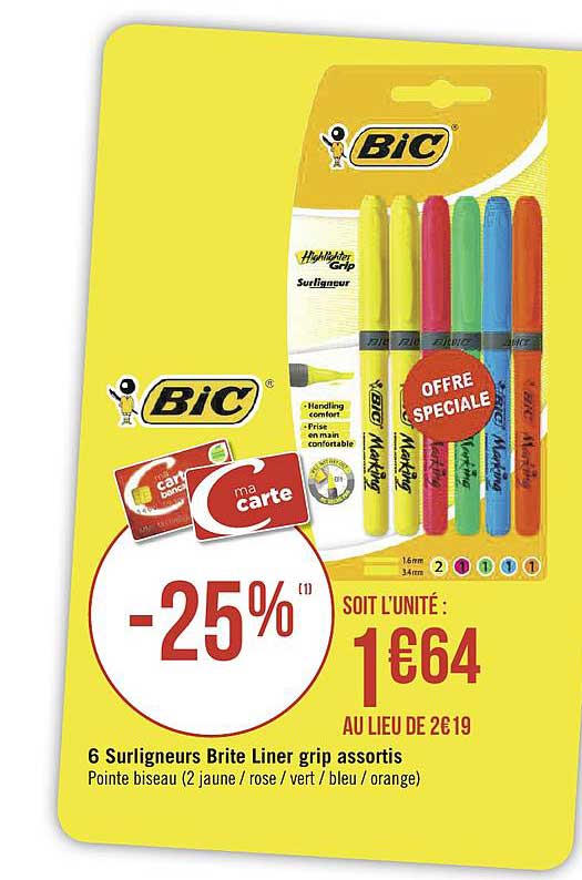 6 surligneurs brite liner grip assortis bic
