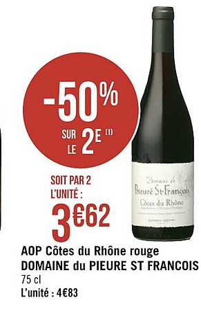 aop côtes du rhône rouge domaine du prieuré st françois  -50% sur le 2e