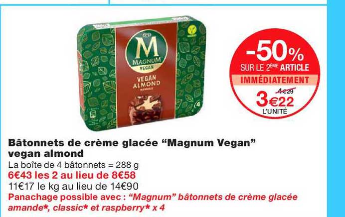 bâtonnets de crème glacé magnum vegan vegan almond -50% sur le 2ème article
