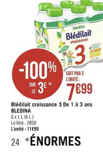 blédilait bledina croissance 3 de 1 à 3 ans -100% sur le 3e