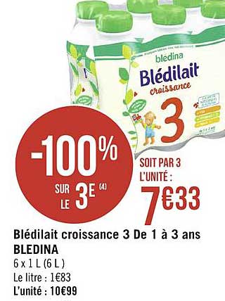Blédilait Croissance 3 De 1 à 3 Ans Blédina -100% Sur Le 3e