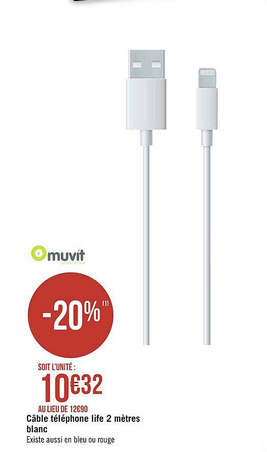 câble téléphone life 2 mètres blanc muvit