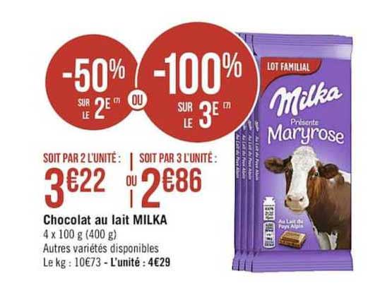 Chocolat Au Lait Milka -50% Sur Le 2e Ou -100% Sur Le 3e