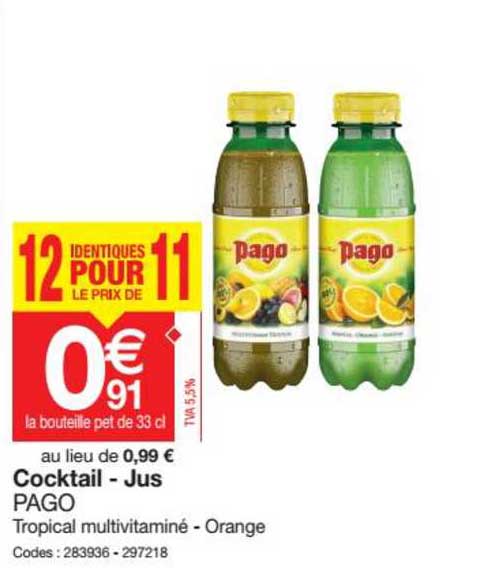 cocktail jus pago  12 pour le prix de 11