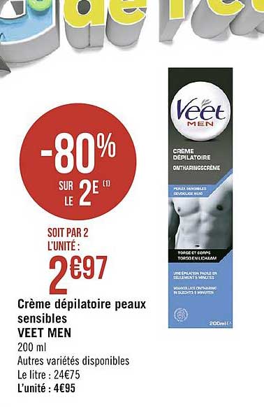 crème dépilatoire peaux sensibles veet men -80% sur le 2e