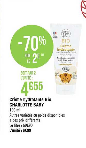 crème hydratante bio charlotte baby -70% sur le 2e
