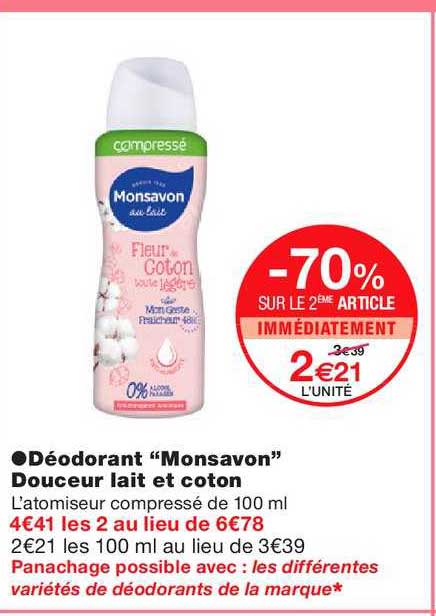 déodorant monsavon fleur coton toute légère -70% sur le 2ème article