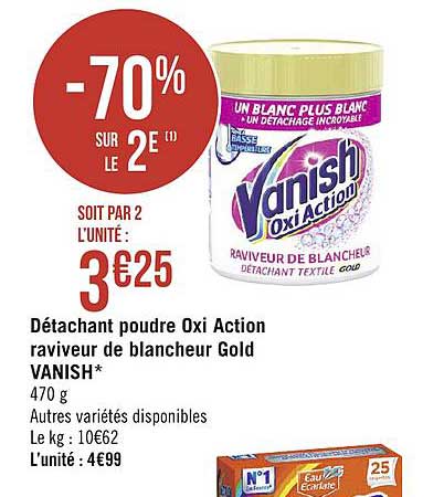détachant poudre oxi action raviveur de blancheur gold vanish -70% sur le 2e