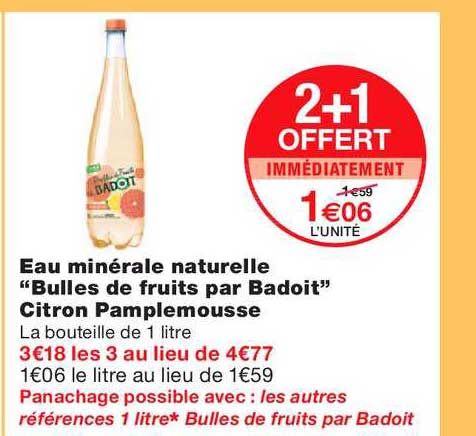 eau minérale naturelle bulles & thé par badoit citron pamplemousse 2++1 offert