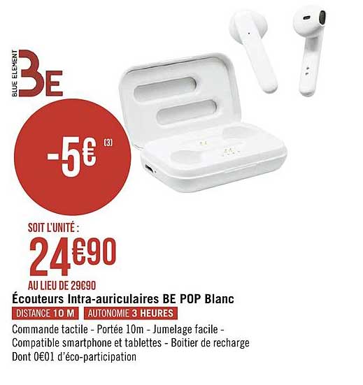 écouteurs intra auriculaires be pop blanc