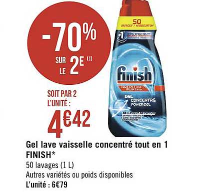 gel lave vaisselle concentré tout en 1 finish -70% sur le 2e