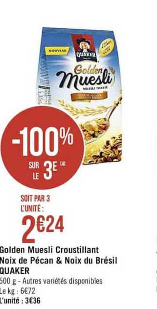 Golden Muesli Croustillant Noix De Pécan & Noix Du Brésil Quaker -100% Sur Le 3e