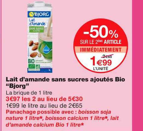 lait d'amande sans sucres ajoutés bjorg bio -50% sur le 2ème article