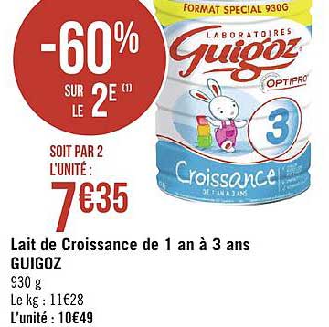 lait de croissance 1 an à 3 ans guigoz  -60% sur le 2e