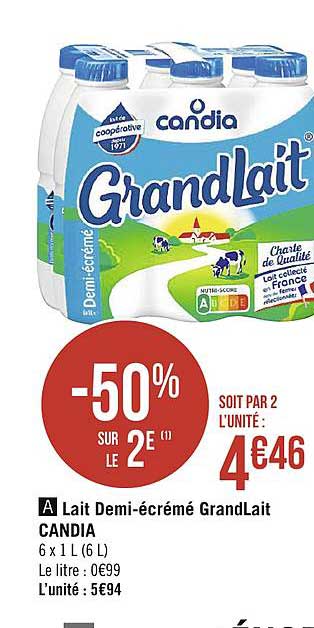 Lait Demi écrémé Grandlait Candia  -50% Sur Le 2ème