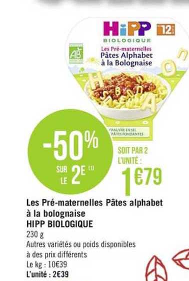 les pré maternelles pâtes alphabet à la bolognaise hipp biologique -50% sur le 2e