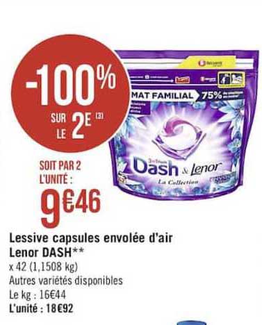 lessive capsules envolée d'air dash lenor -100% sur le 2e