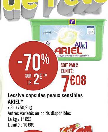 lessive capsules peaux sensibles ariel  -70% sur le 2e