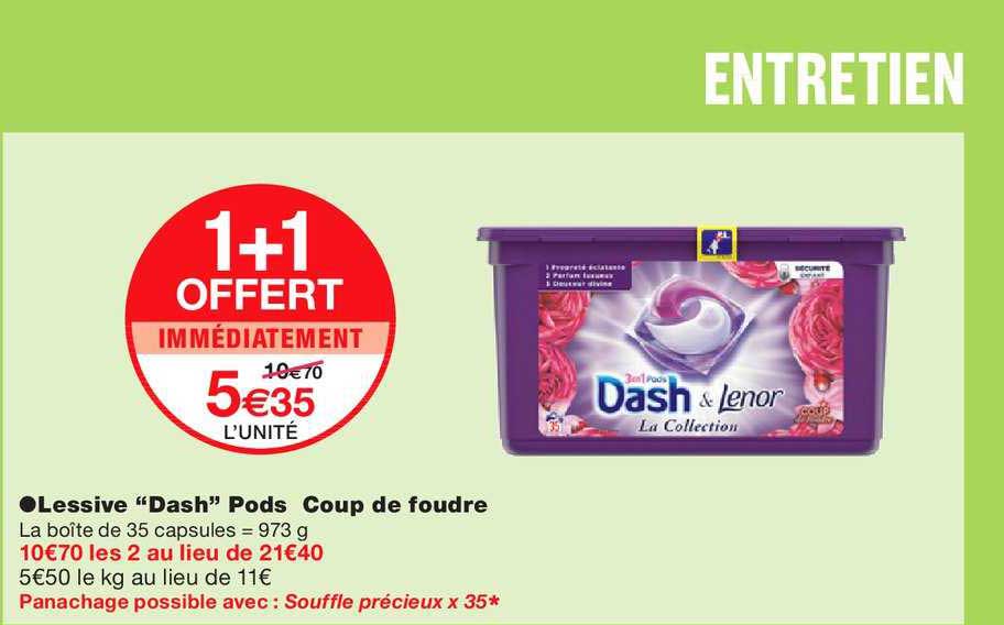 lessive dash & lenor la collection pods coup de foudre 1+1 offert