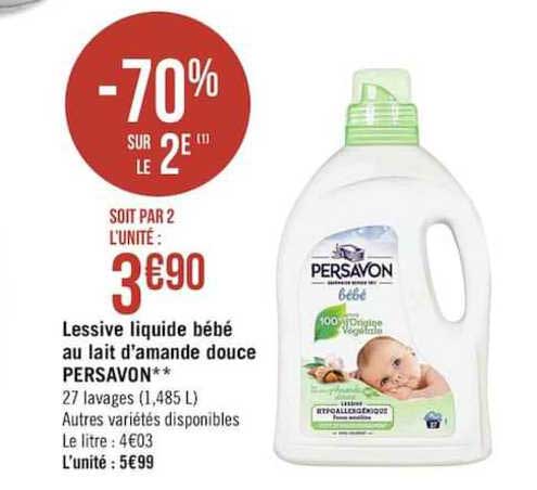 lessive liquide bébé au lait d'amande douce persavon -70% sur le 2e