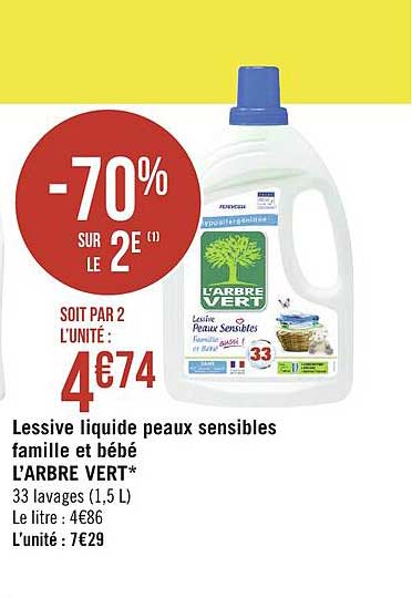 lessive liquide peaux sensibles famille et bébé l arbre vert  -70% sur le 2e