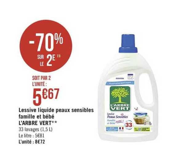 lessive liquide peaux sensibles famille et bébé l'arbre vert -70% sur le 2e